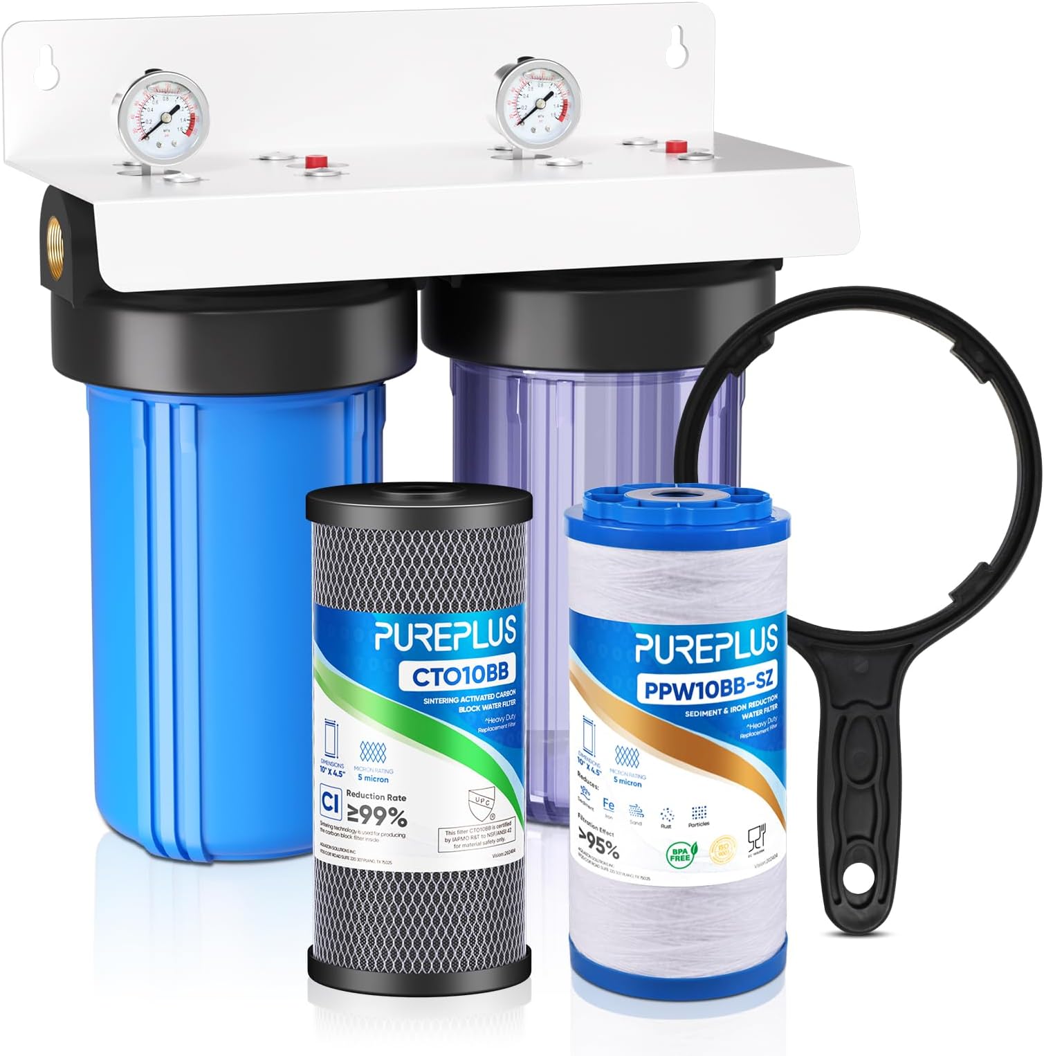 PUREPLUS 2-Stage Whole House Water Filtration System, 10" Universal Clear Housing, Reduces Sediment, Iron/Manganese, Chlorine, Taste & Odor, Ideal for Well Water, Pressure Gauges, 1" Inlet/Outlet