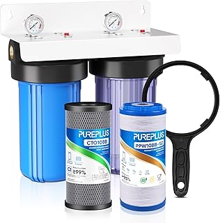 PUREPLUS 2-Stage Whole House Water Filtration System, 10" Universal Clear Housing, Reduces Sediment, Iron/Manganese,