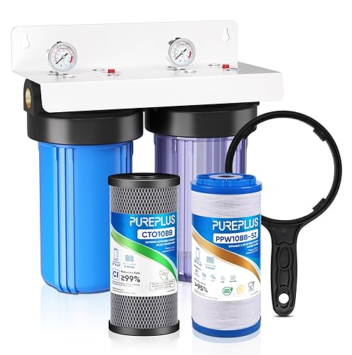 PUREPLUS Sistema de filtración de agua de 2 etapas para toda la casa, carcasa transparente universal de 10 pulgadas, con reducción de sedimentos y