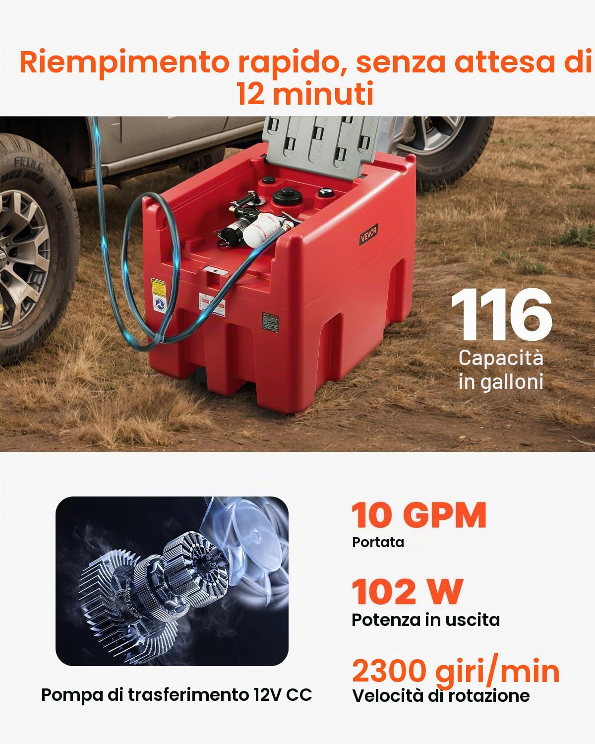 VEVOR Serbatoio Portatile per Diesel Benzina 440 Litri Portata 10 GPM, Serbatoio per Carburante Diesel con Pompa di Trasferimento Elettrica da 12 V, Tubo Flessibile, Trasporto del Carburante, Rosso