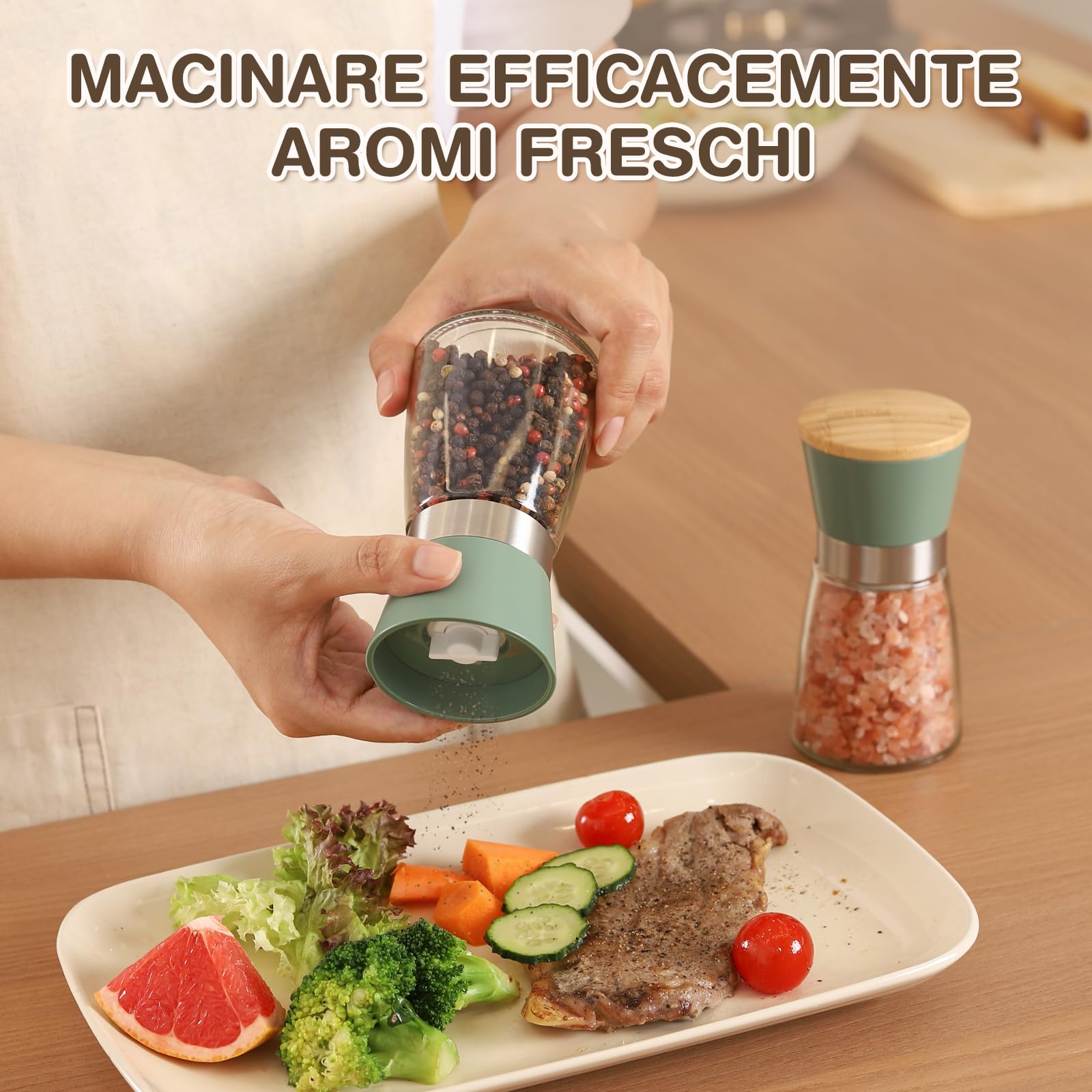 Vucchini Set di macinacaffè sale e pepe, facile da riempire e utilizzare; macinino in ceramica di alta qualità, di grande capacità, ideale per condire alla perfezione con smerigliatrice regolabile,
