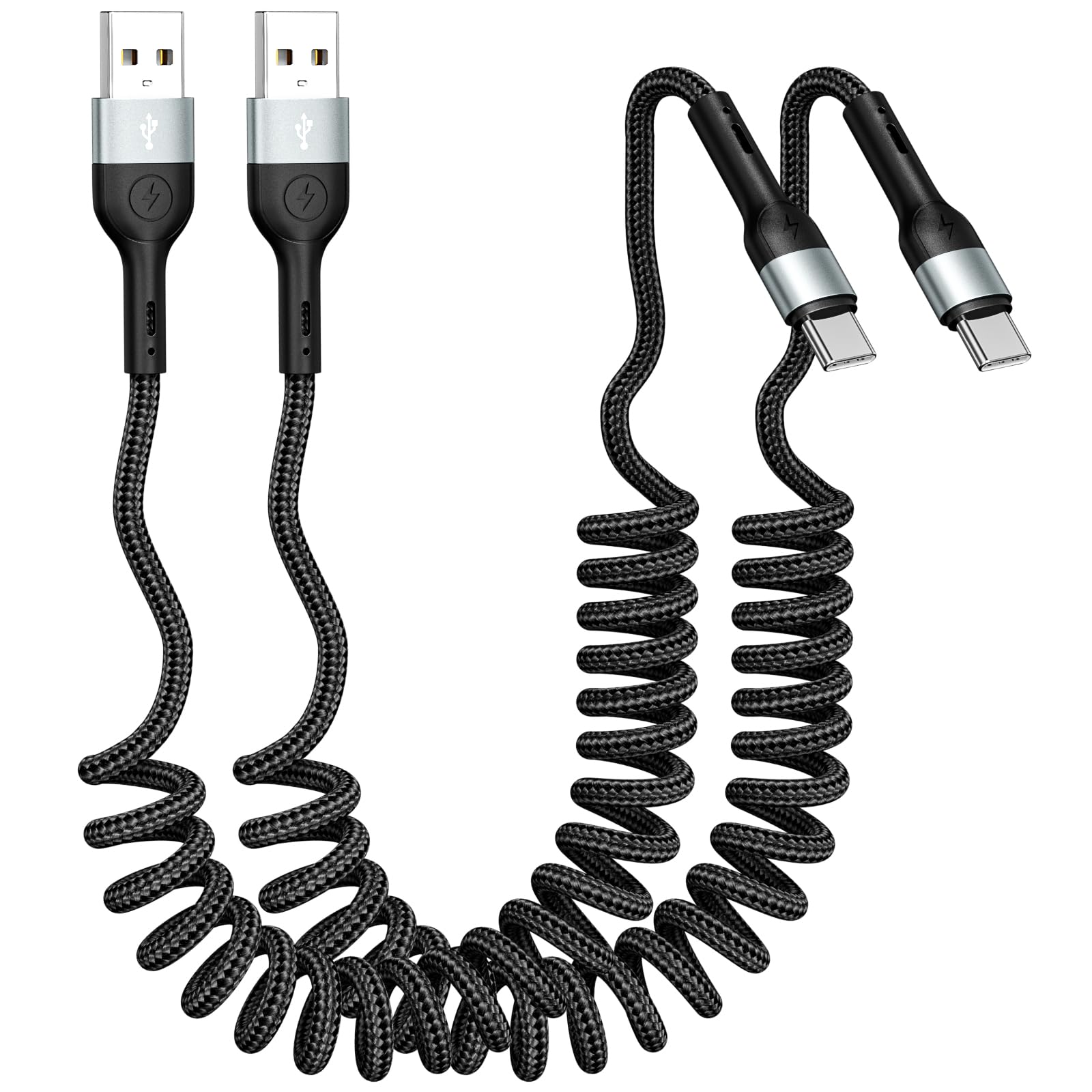 Eettvekd CarPlay용 코일 USB C 충전기 케이블 [0.9m(3피트) 2팩], USB A to USB C 케이블, 내구성 있는 브레이드 타입 C 고속 충전 케이블, 아이폰 17/16/15/프로/프로 맥스, 갤럭시 S10/25, 안드로이드 기기용 (블랙)