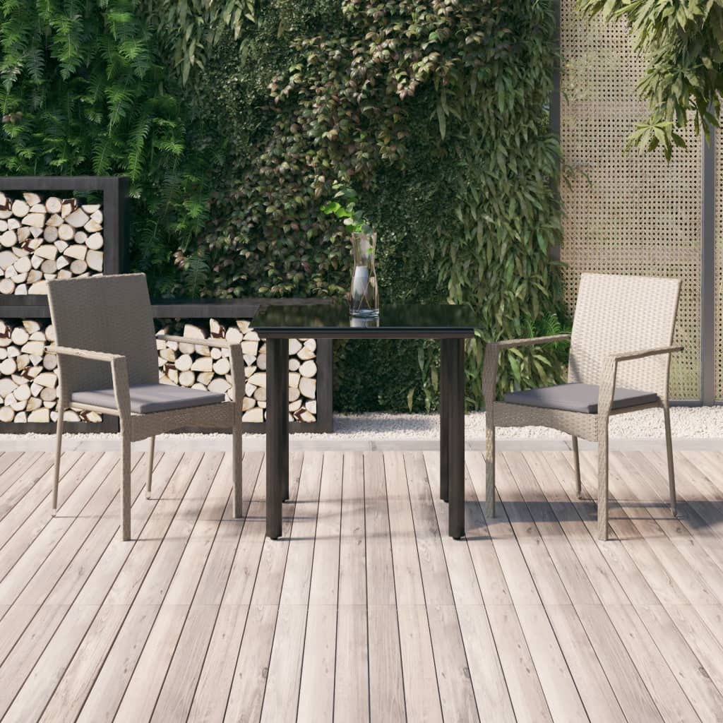 3 Piece Garden Dining Set, Black &amp; Grey PE Rattan Outdoor Table and Chairs, Tempered Glass Patio Furniture Set for Balcony, Terrace