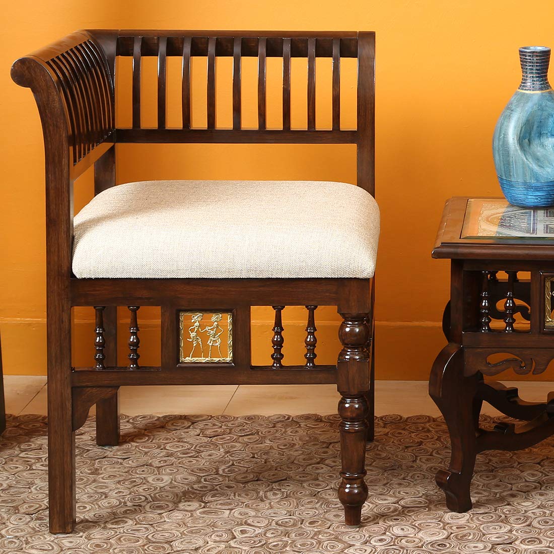 AAKRITI ART CREATIONS Polo Single Seater Sofa in Striped Wood Pattern Created in Teakwood with Walnut Finish AAKRITI ART CREATIONS Polo Single Seater Sofa in Striped Wood Pattern Created in Teakwood with Walnut Finish