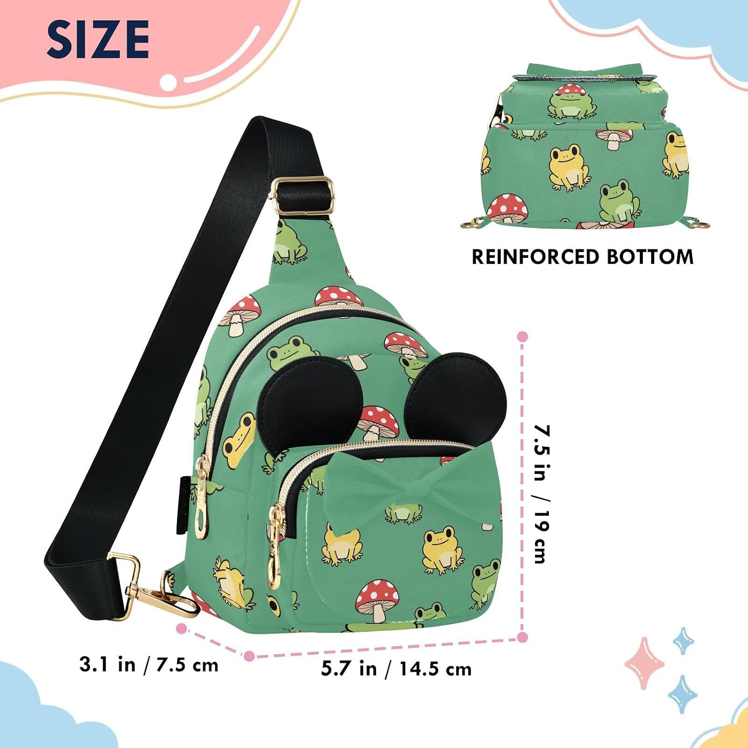 Sinestour Frog Kids Crossbody Bags for Girls, 5.7x7.5x3.1Inches | Crossbody Fanny Pack, Toddler Purse, Cute Sling Belt Bag with Ears, 2L Small Shoulder Chest Bag for Travel