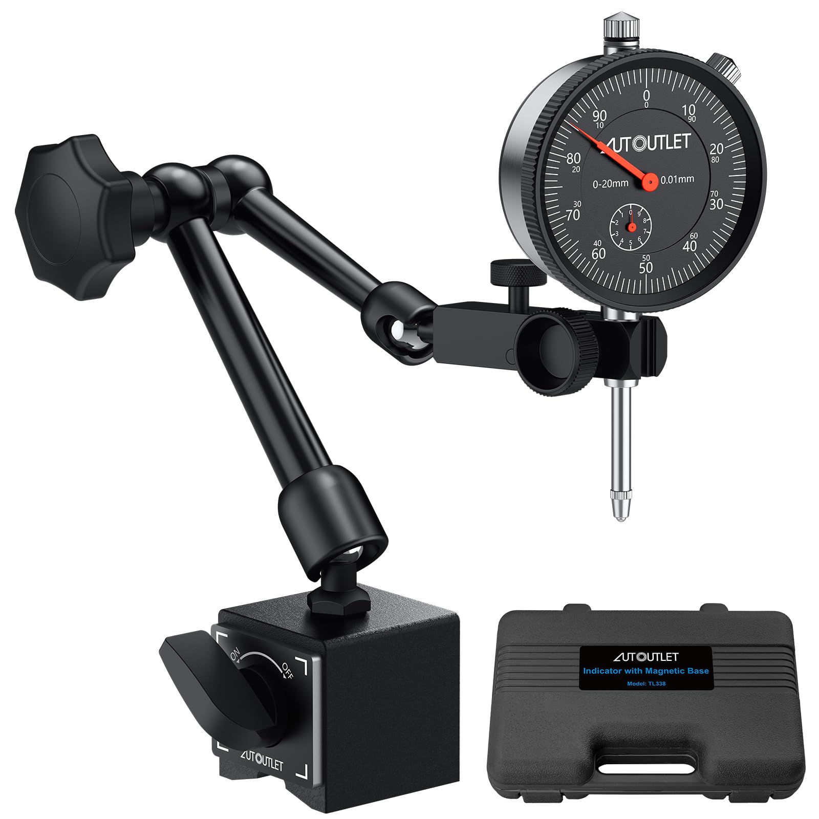 AUTOUTLET Comparador de Cuadrante Calibre con Indicador de Cuadrante de 0-20 mm con Base Magnética de 132 lb/60 kg