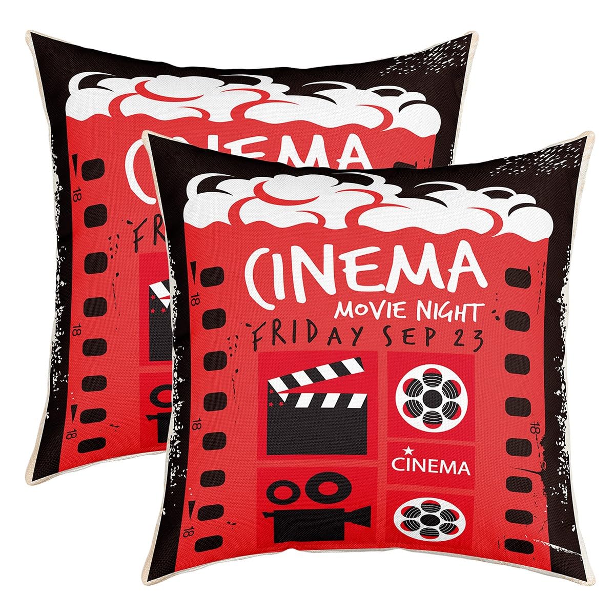 Loussiesd Cinema Pillow Covers Home Decor Movie Night Reversible Throw Pillow Covers for Movie Theater Decor Square Cushion Covers Set of 2 Set Red Black 24x24 Inch
