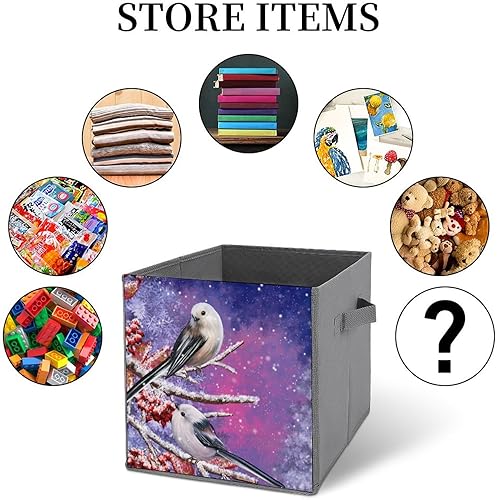 Miniatura 6 de Cubos de almacenamiento de pájaros de Navidad de invierno, ramas nevadas, bayas de 11 pulgadas, cubos de almacenamiento plegables de tela decorativa