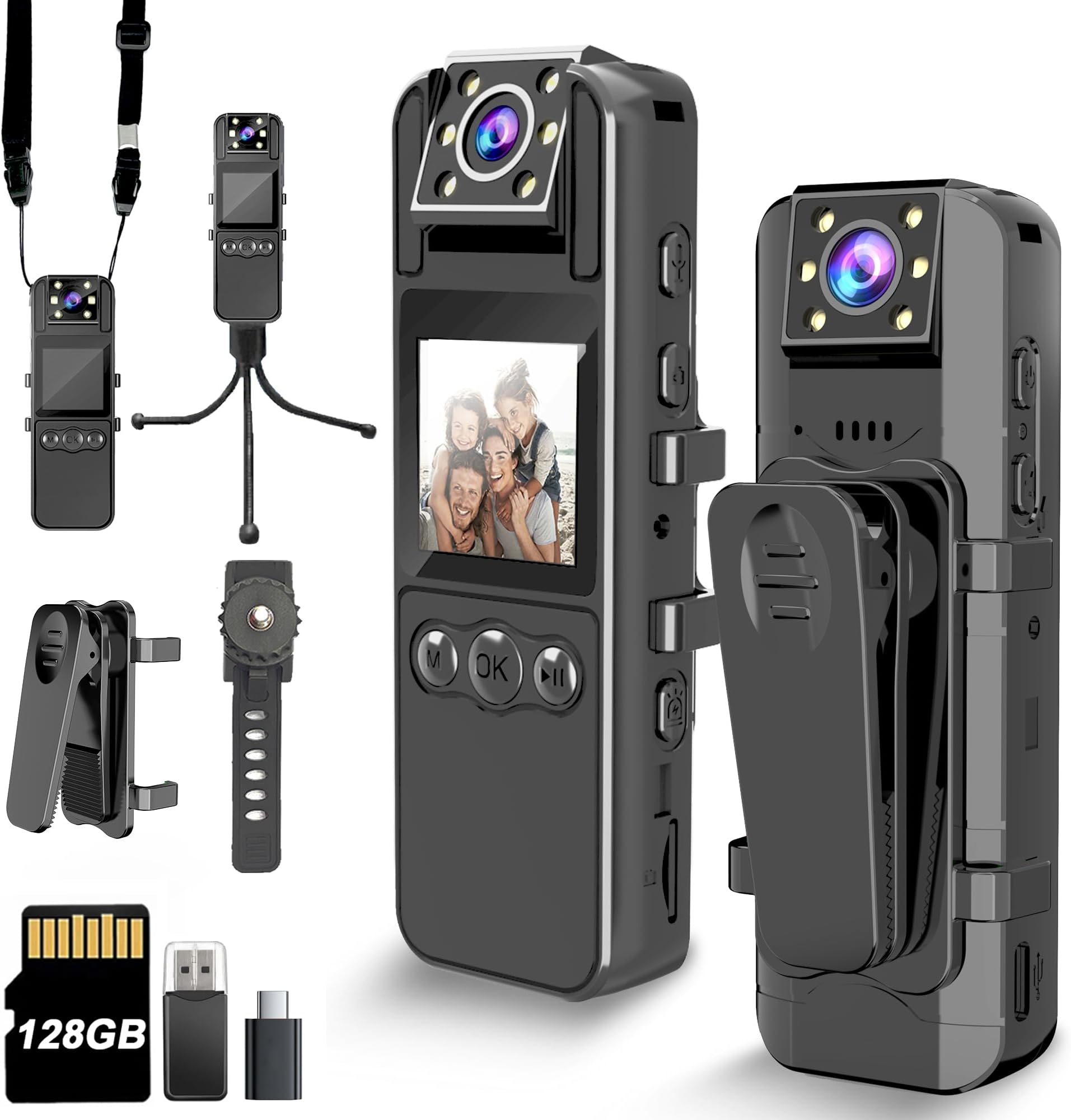 Body Camera with Audio and Video Recording, HD 1080P Body Cam with 180° Rotating Lens, 6HR Battery, IR Cut Auto Night Vision, 128GB Body Worn Camcorder, for Personal Civilians, Police Law Enforcement