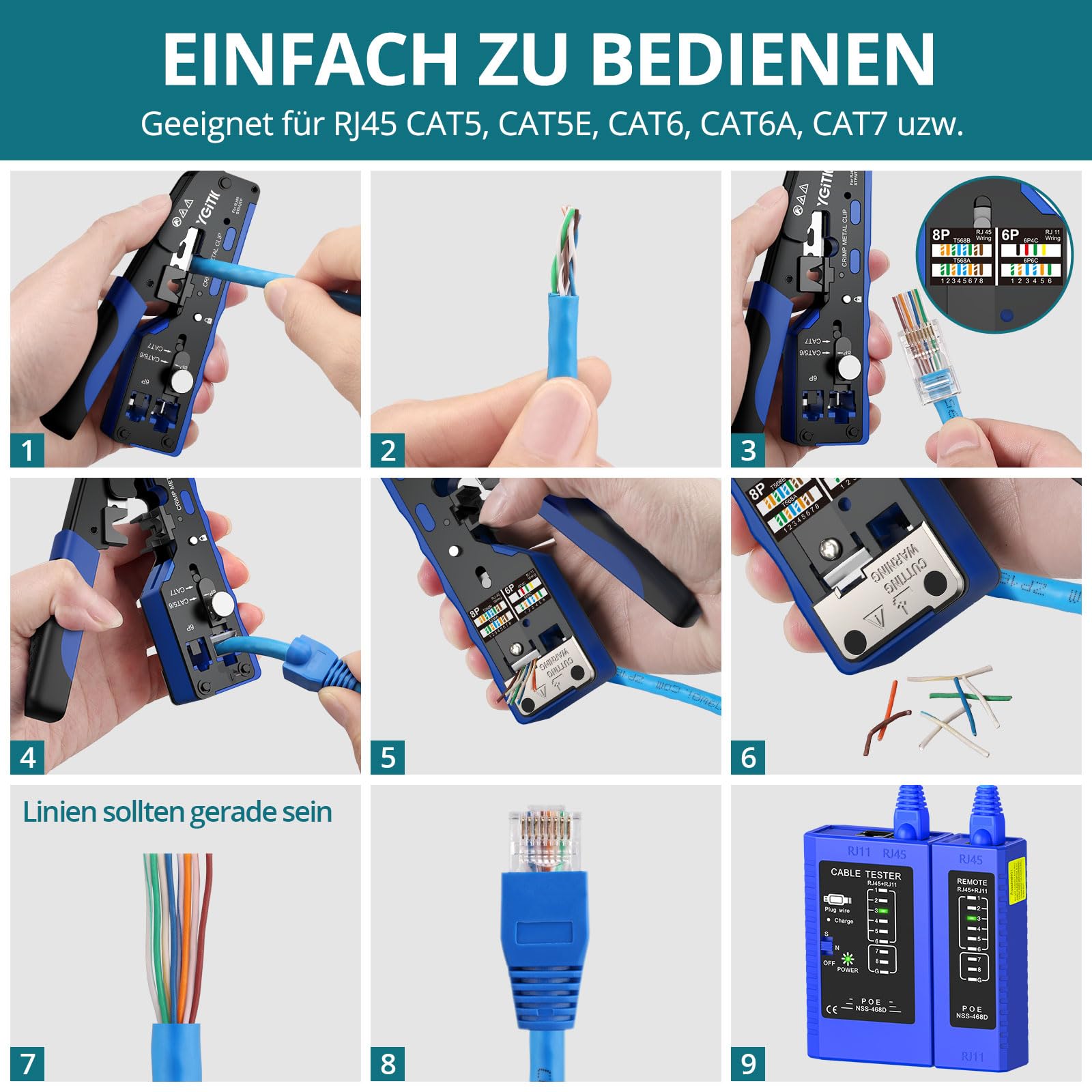 RJ45 Crimpzange Profi Set mit Presszang + Multifunktional Netzwerktester