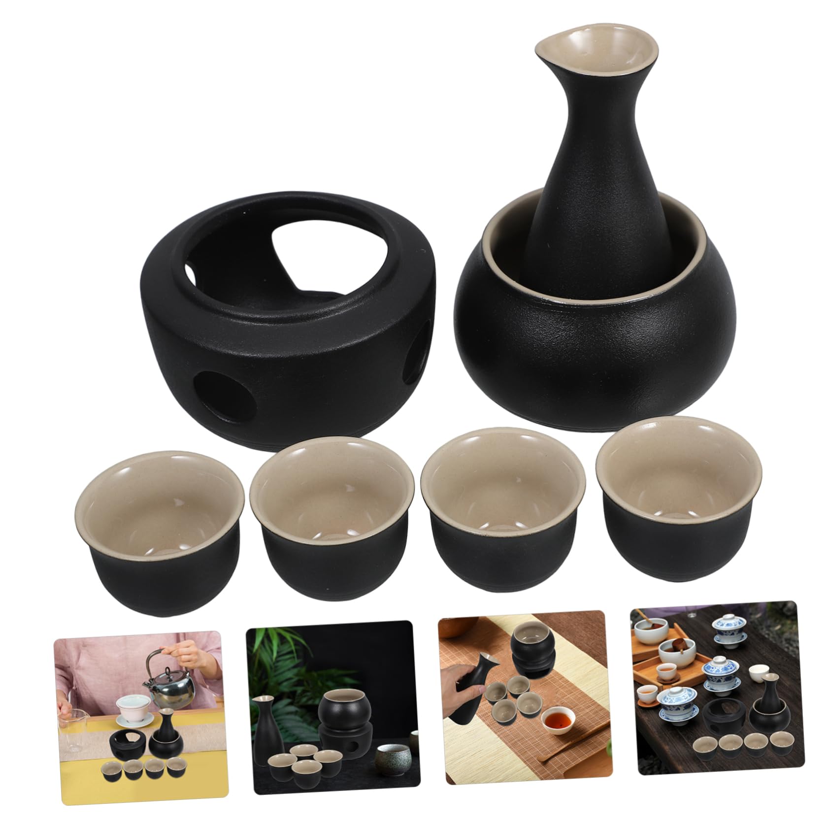 GARVALON Service à Saké et Tasse 45ml en Céramique Noire Traditionnel et Chauffe-Tasse Stable avec Pot 175ml Surface Confortable pour Maison ou Restaurant