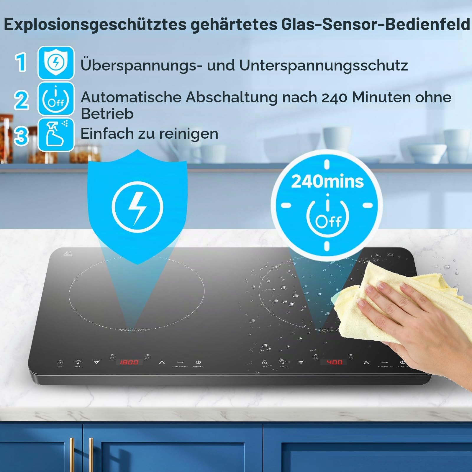 Aobosi Induktionskochfeld 2 platten, Induktionskochplatte tragbares Kochfeld mit Sensor-Touch-Unabhängiger-Steuerung, 20 Temperaturstufen & Leistungsstufen, 4H, Sicherheitssperre,3500W,Neue