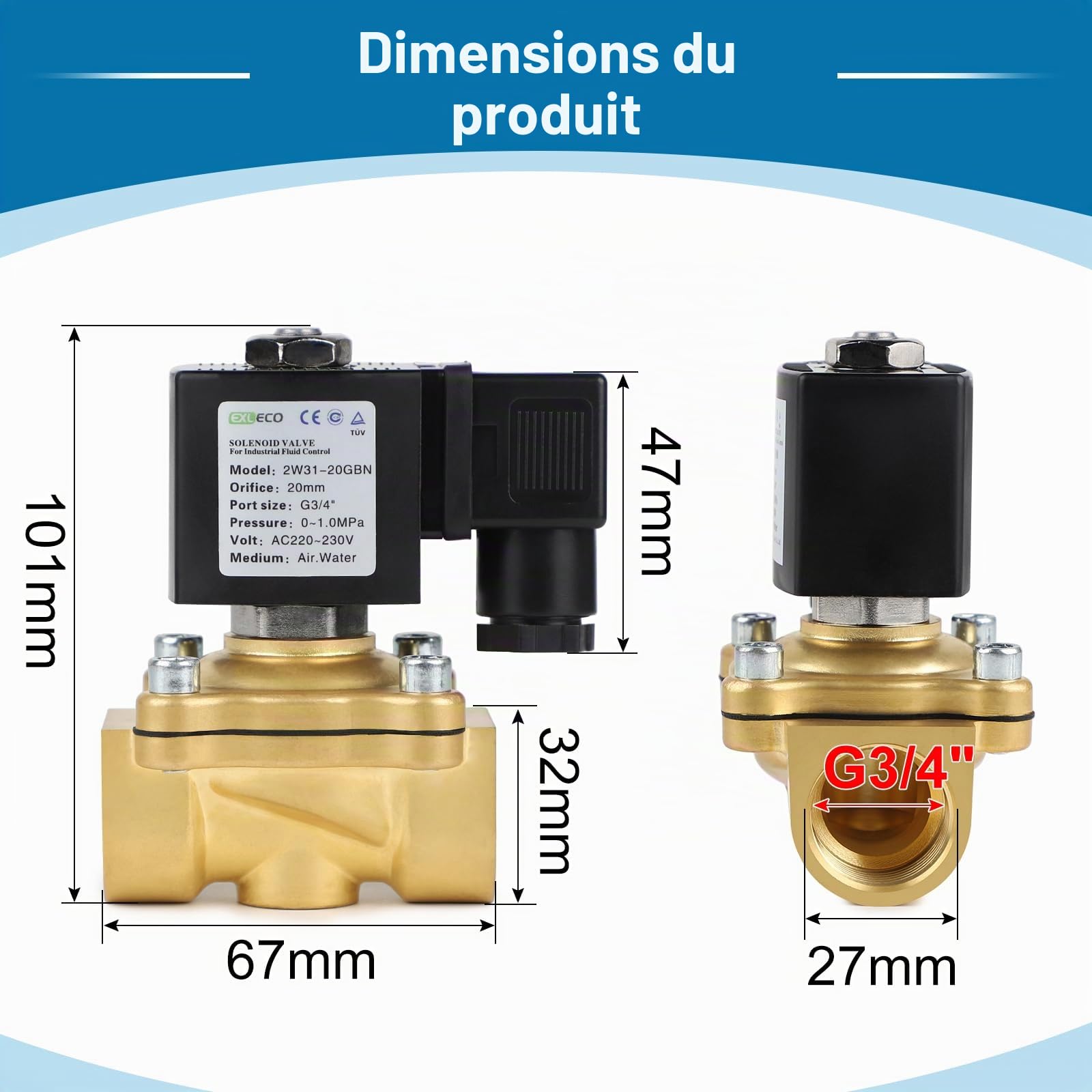 EXLECO Électrovanne 230 V CA en laiton G3/4" - Électrovanne électromagnétique en laiton - Électrovanne électrique magnétique DN20 0-10 bar - Vanne d'admission d'eau - Vanne de distribution d'eau NC