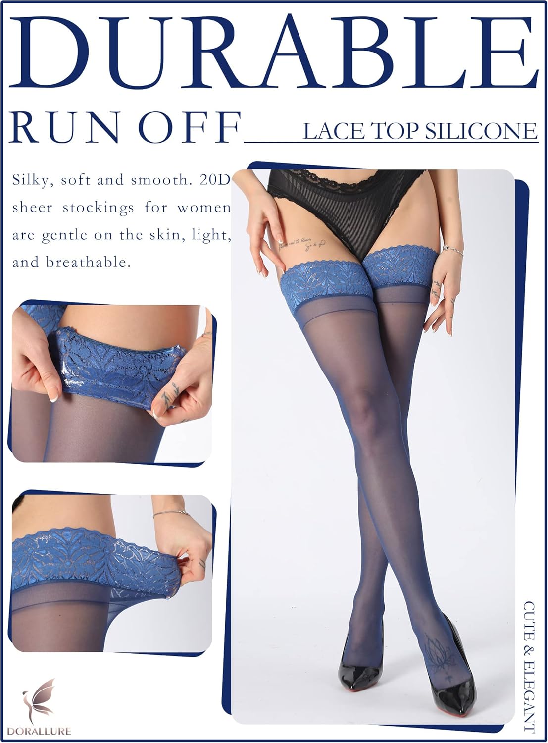 DORALLURE Thigh High Stockings Silicone Lace Top Stay Up Silky Semi Sheer Pantyhose for Women Hold Up Nylon - Image 3