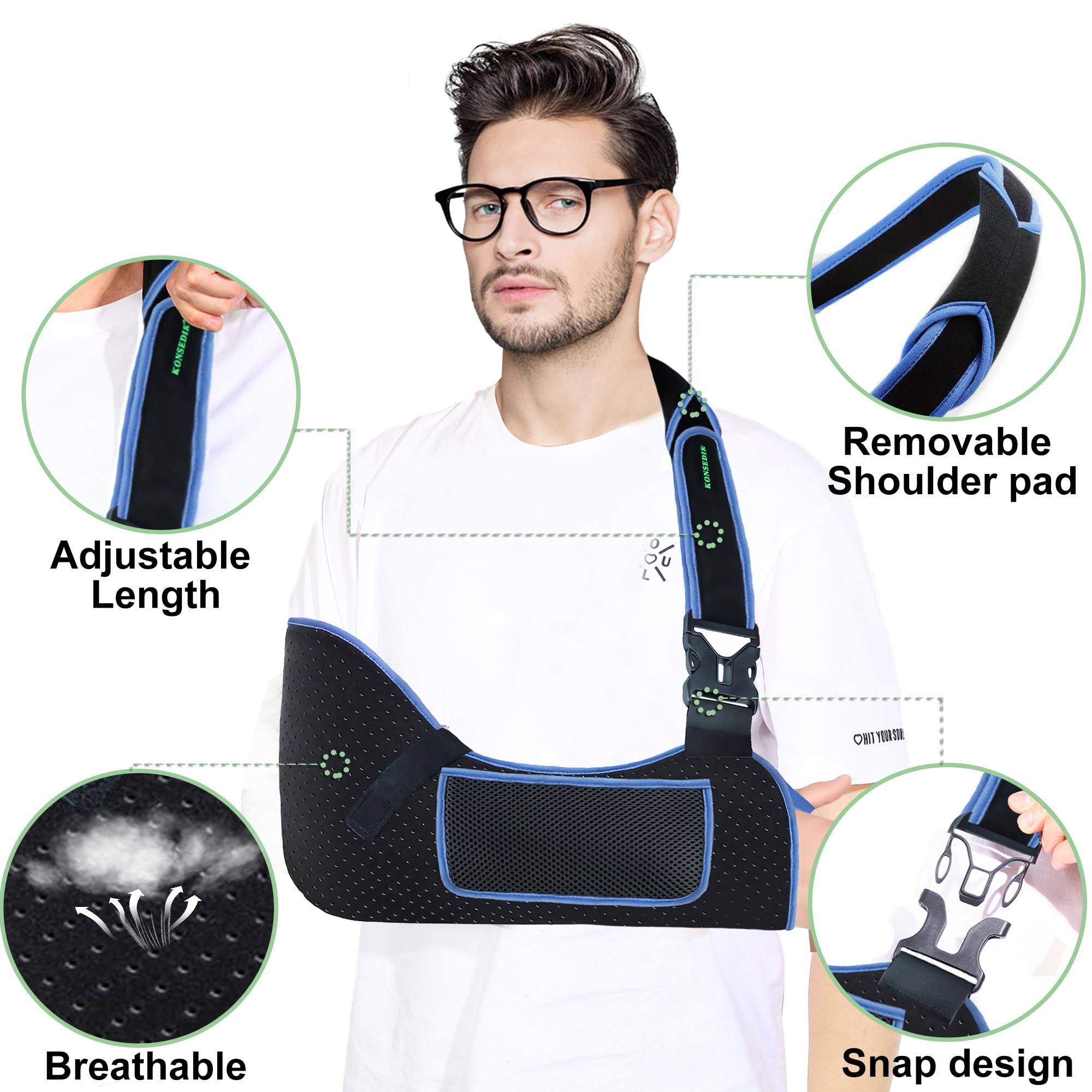 KONSEDIK Soporte de hombro para brazo, transpirable, acolchado con bolsillo y bucle para el pulgar, se adapta al brazo izquierdo y derecho, para puños rotadores, codo, muñeca y lesiones de clavícula