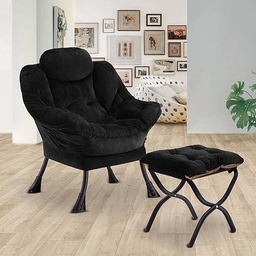 Miniatura 2 de Silla perezosa con otomano plegable, silla de sofá de ocio, sillón de tela suave con reposabrazos y bolsillos laterales, silla de lectura con