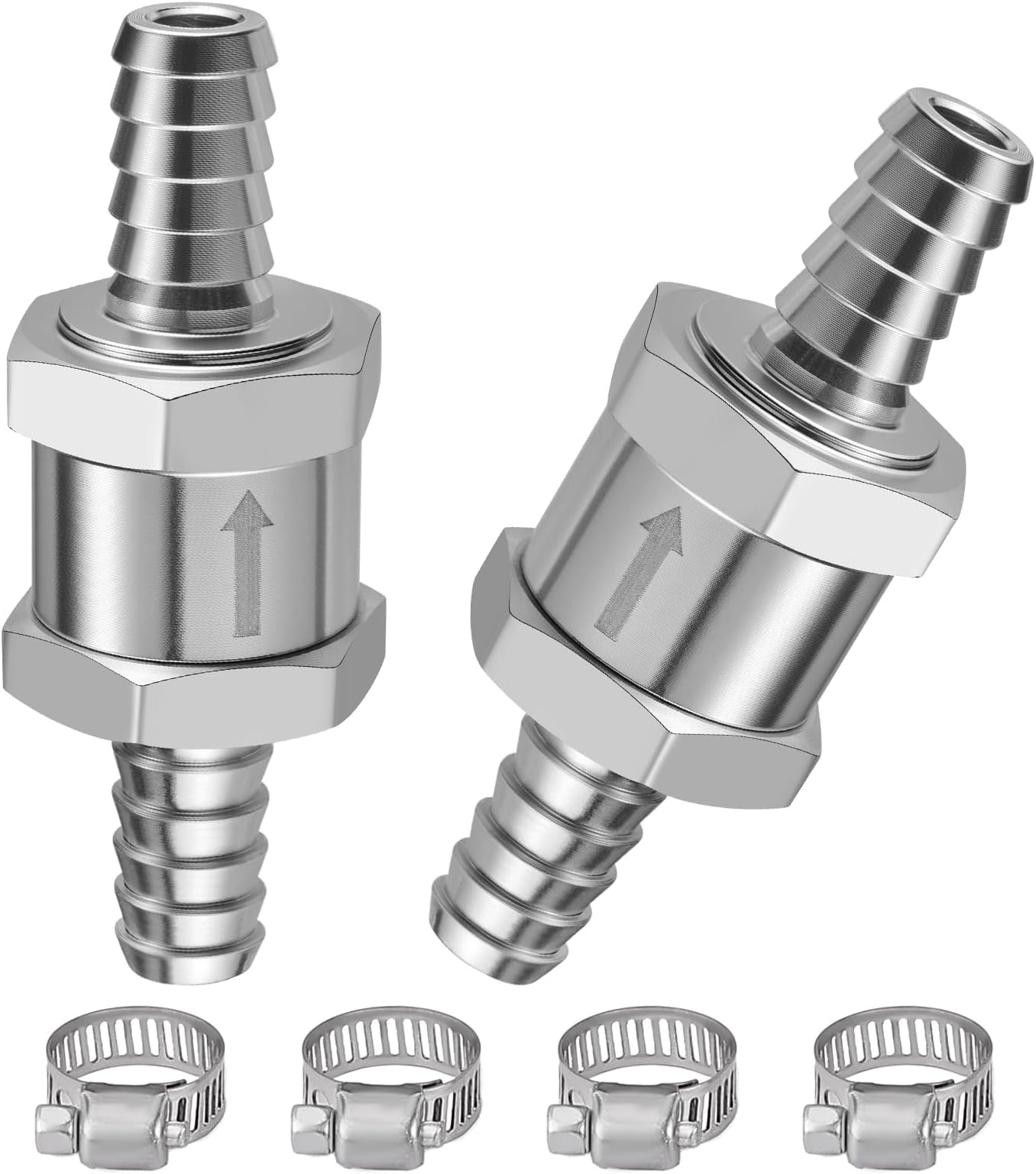 5/16" (8mm) Check Valve, 2 Pcs Aluminum One Way Fuel Check Valve for Gasoline, Diesel & Coolant with Universal Hose Clamps, Silver