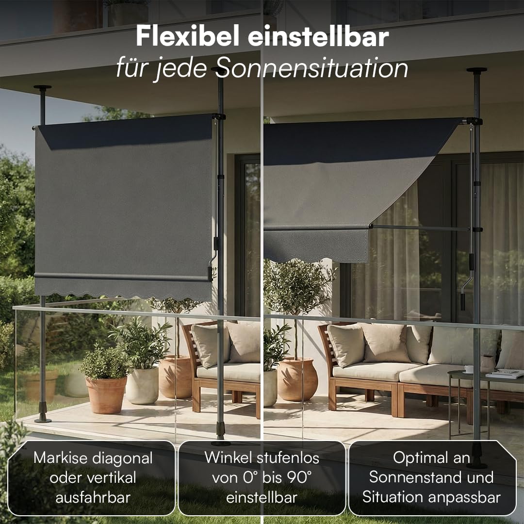 STEELSØN Dioran Klemmmarkise 300 cm breit – Markise Balkon ohne Bohren – Sonnenschutz UV50+ – Balkonmarkise zum Klemmen – Terrassenüberdachung wetterfest – Gartenmarkise höhenverstellbar in Anthrazit
