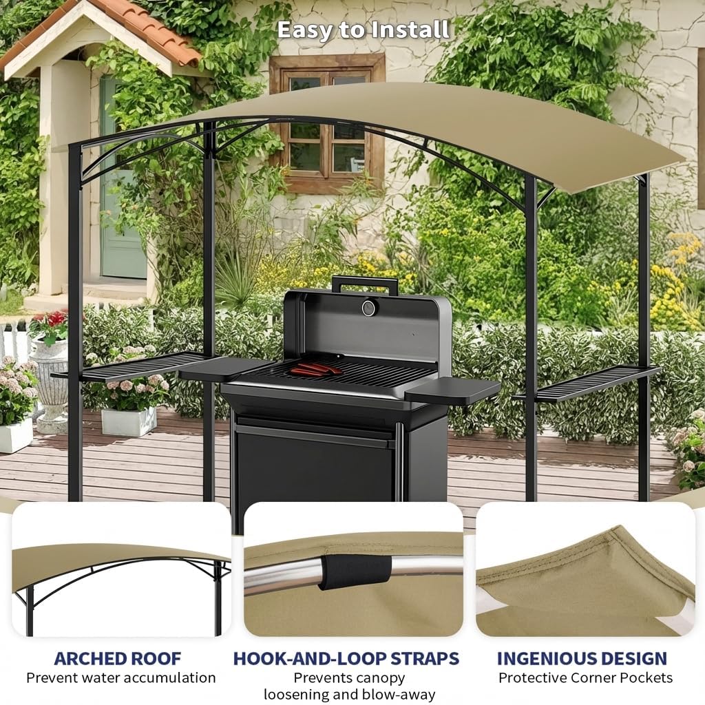 8' x 5' Grill Gazebo Replacement Canopy Top Only，Waterproof BBQ Gazebo Shelter Cover，Outdoor Sunshade Roof for Backyard, Patio, Garden, Family Party (Khaki)