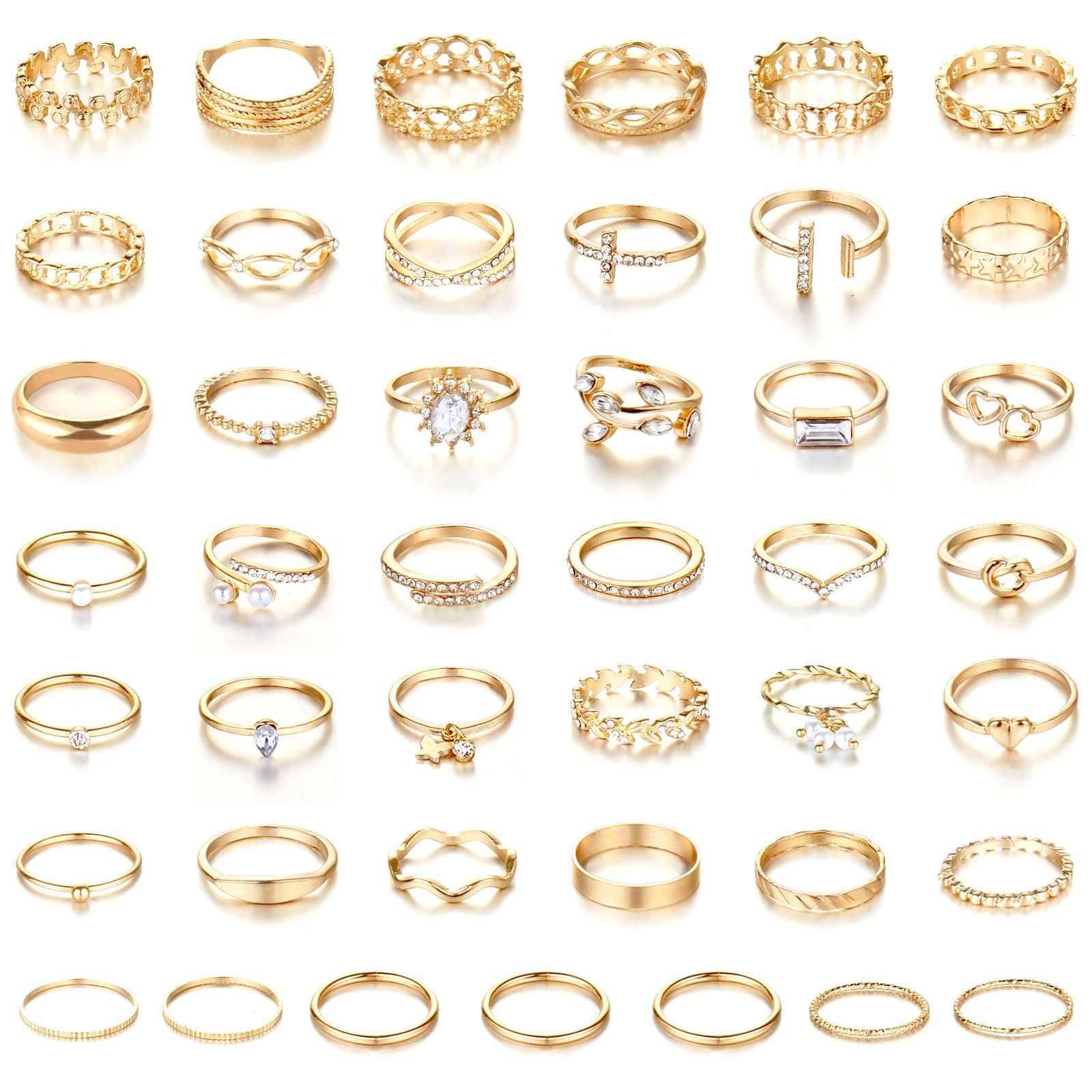 Juego de anillos dorados para nudillos para mujer, paquete de anillos de oro ajustables, tamaño mixto, apilables, juego de anillos apilables de cristal tallado hueco, Cristal, Cristal