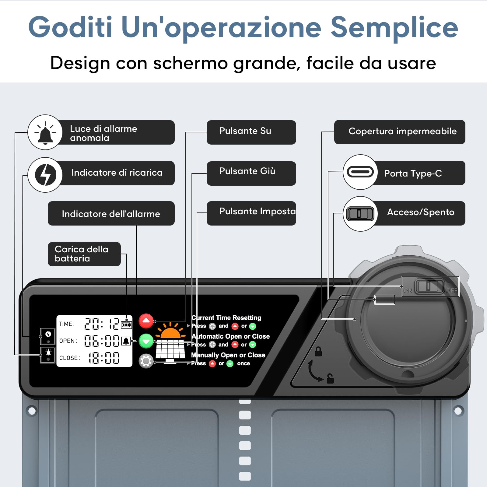 CHAMUTY Grande lembo automatico per pollo, a energia solare, con timer, pannello solare da 7 W, display LCD, telecomando, porta automatica pollaio, protezione antibloccaggio