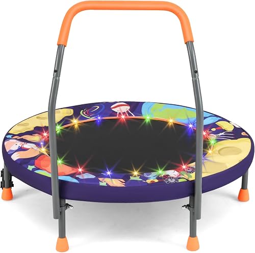 GYMAX 36โ Toddler Trampoline with Lights, Folding Springless ASTM Approved Small Kids Rebounder with Foam Handle, Safety Padded Cover & Foldable Legs, Mini Indoor Baby Trampolines