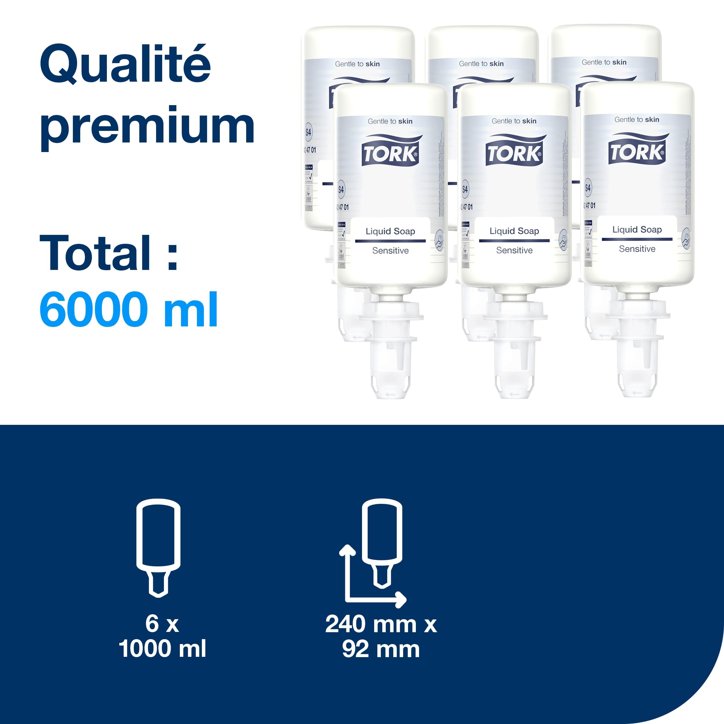 Tork Savon liquide Mains - Peaux sensibles S4, testé dermatologiquement, 6 x 1000 ml, 424701