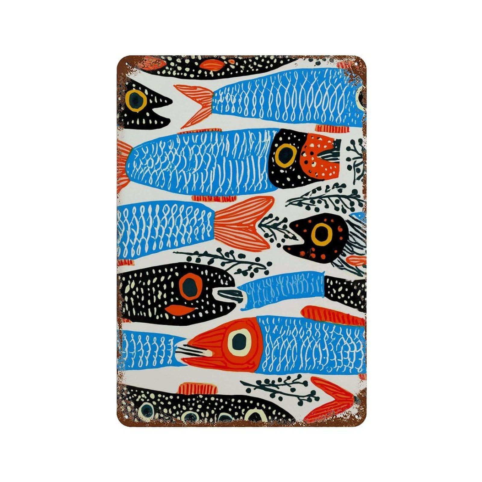 xiaoxiaoshen Colorful Sardine Fish Mediterranean Coastal Kitchen Folk Nautical Vibrant Blue R Wall Decor Art Metal Tin Poster Modern Home Decor Art Home Bar Shop Decorations Vintage Sign 30x20cm