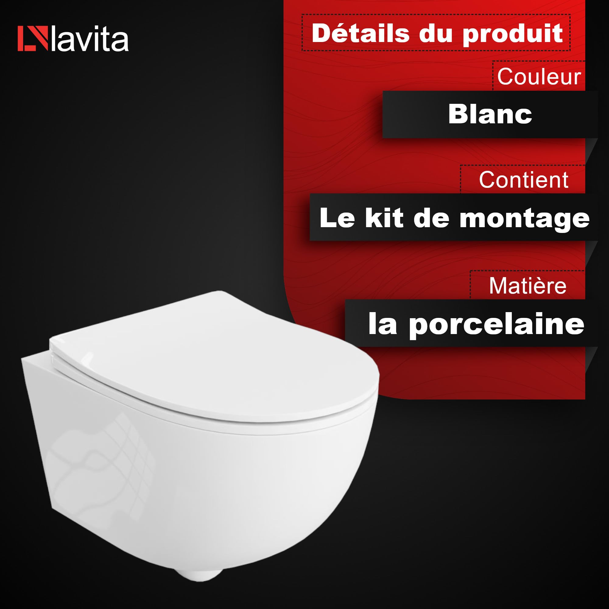 LAVITA WC mural Dalia - Abattant WC suspendu avec système d'abaissement automatique et charnières en métal - Sans bord - 360 x 520 x 410 cm - Blanc brillant