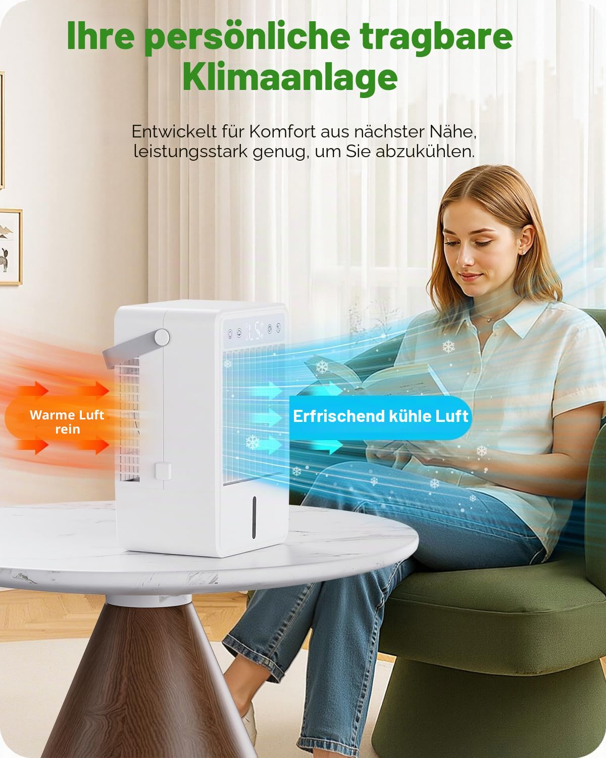 Mobile Klimaanlage mit 1500ML Wassertank, Mobiles Klimagerät mit 5 Gebläsestufen und 3 Betriebsarten, Timer-Funktion (2–10H), Fernbedienung, LED-Beleuchtung, USB-C-Anschluss - ideal für kleine Räume
