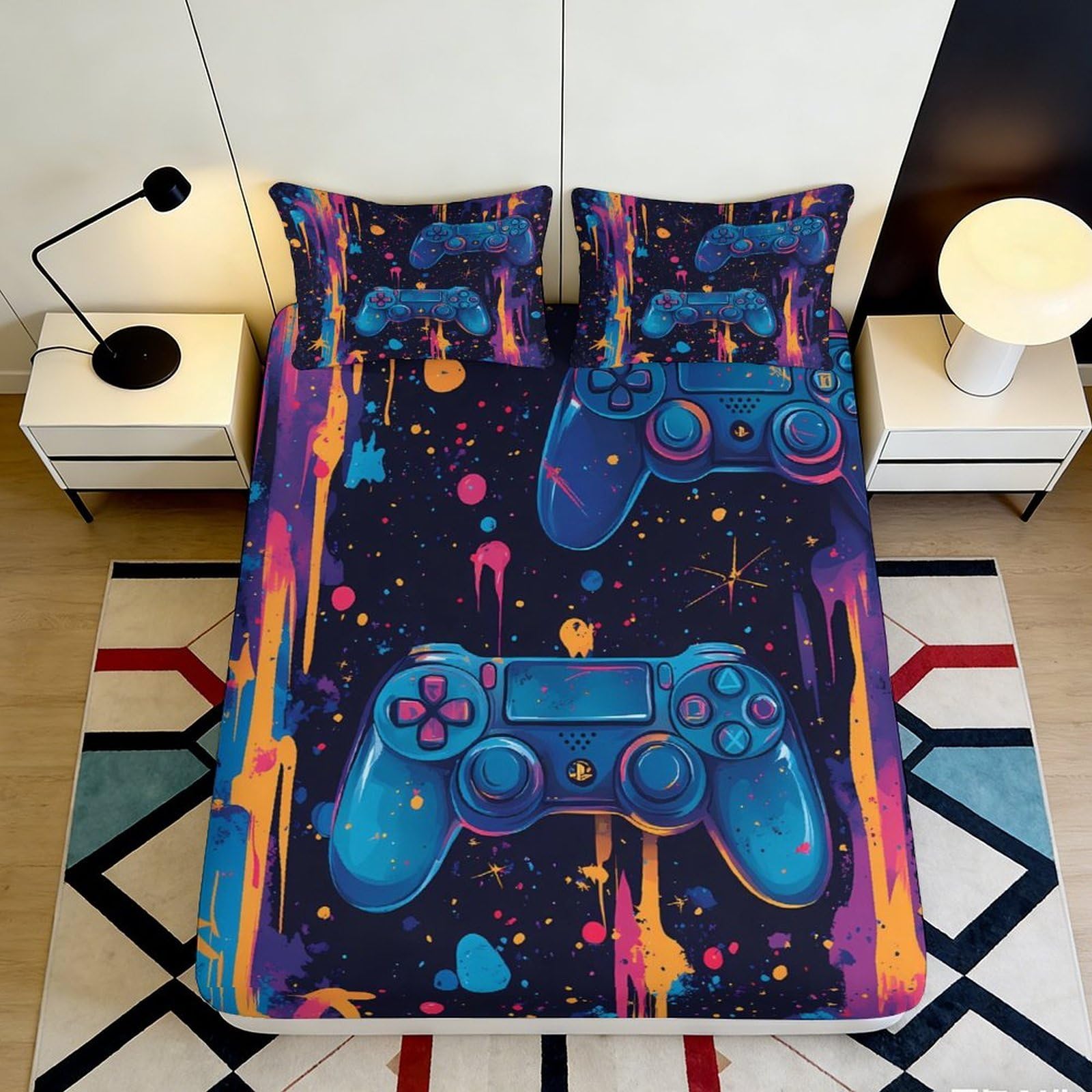 3D Printed Game Controller Fitted Sheet Microfiber Soft Non-Slip Paint Splash Mattress Cover for Bedroom Dorm Decor 120x200x25cm