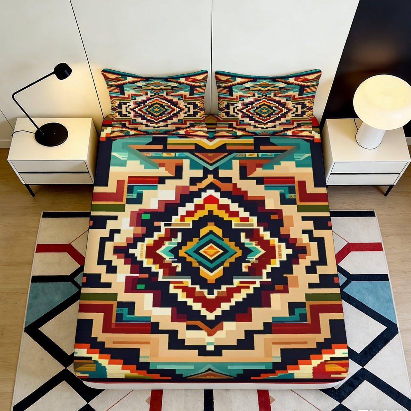 3D Printed Geometric Aztec Fitted Sheet Microfiber Soft Multicolor Tribal Mattress Cover for Bedroom Guest Room Decor 90x200x25cm