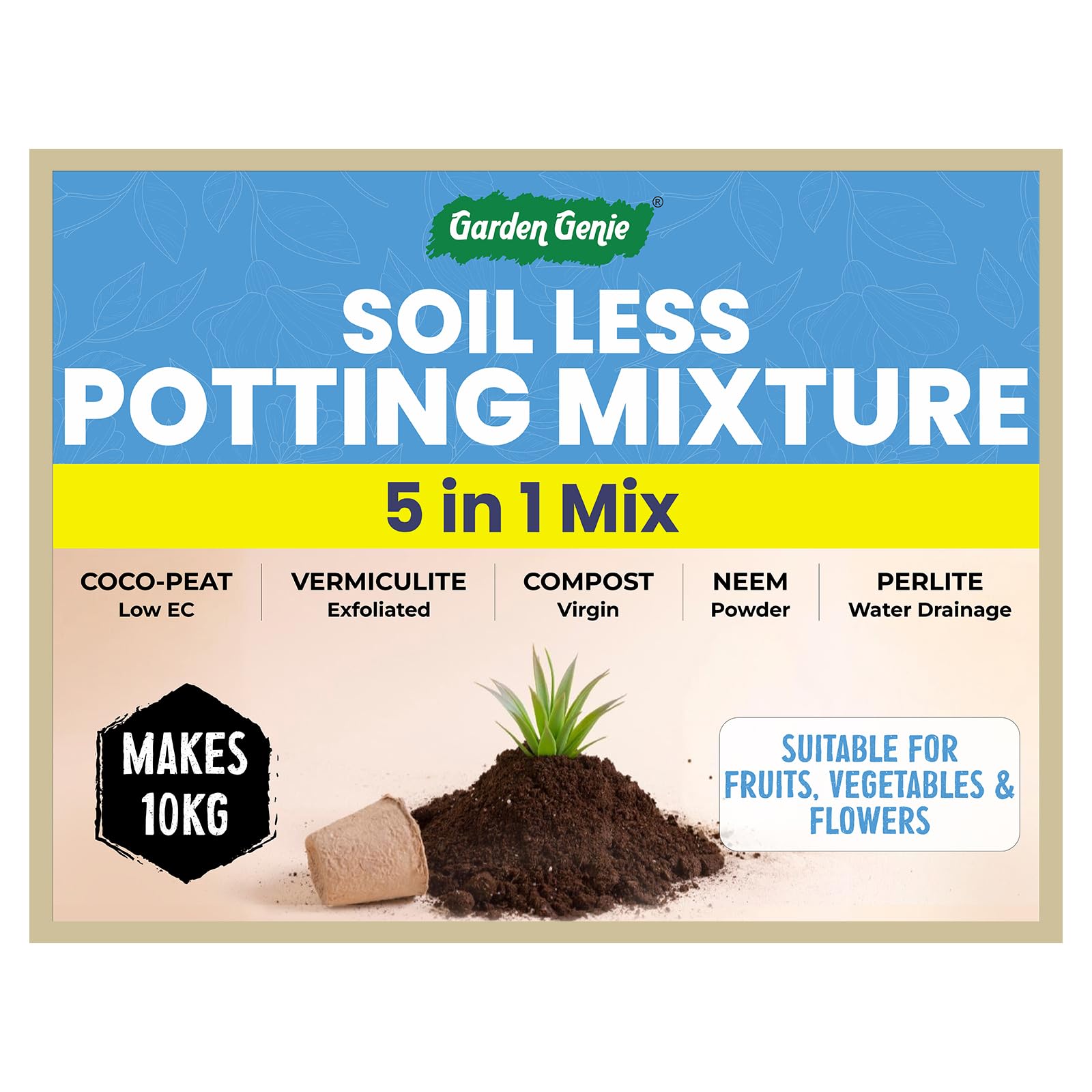 Garden Genie 5-in-1 Soil Less Potting Mixture – 5 Key Ingredients (Cocopeat, Vermiculite, Vermicompost, Perlite, Neem Powder) – Makes 10 Kg of Fluffy Pot Mix for Home & Terrace Gardening