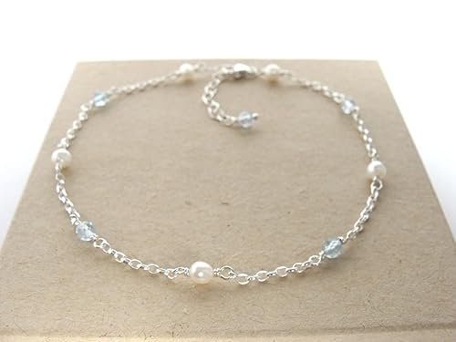 Miniatura 8 de Blue topaz pearl anklet, dainty gemstone ankle bracelet, sterling silver, adjustable length 9.25-10.25 inches, Let Loose Jewelry, handmade