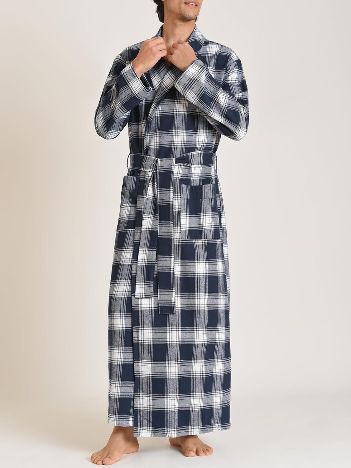 Latuza Men's Cotton Flannel Long Robe Full Length Plaid Bathrobe - Image 2