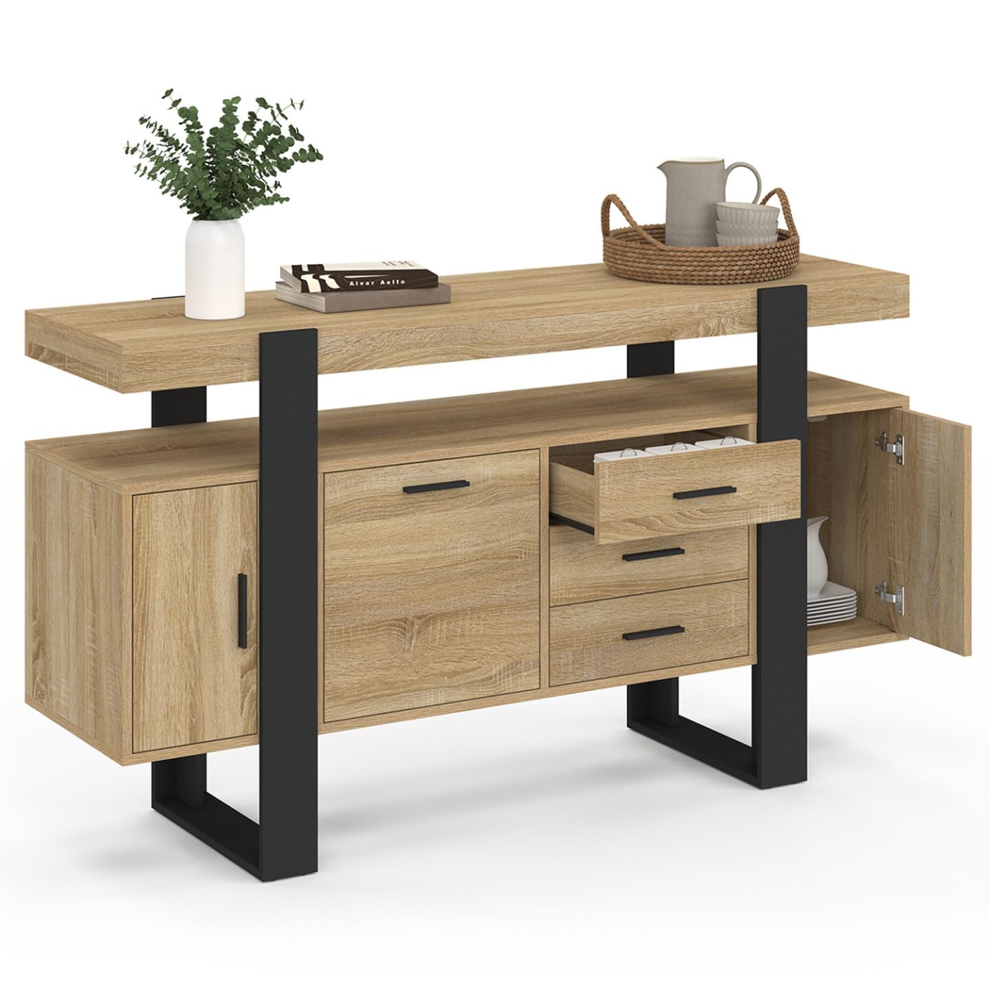 IDMarket - Aparador PHOENIX 140 cm con 3 puertas y 3 cajones en madera y negro