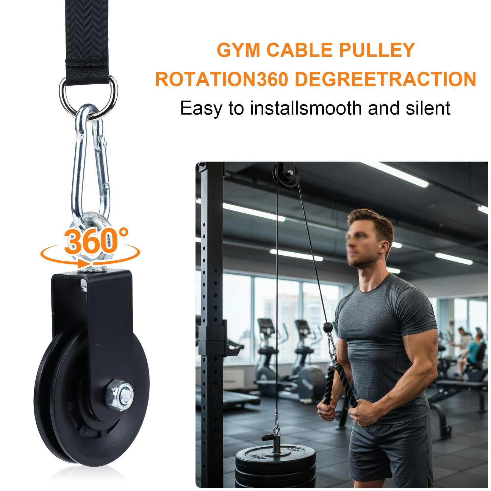 90mm Umlenkrolle Seilrolle mit Hängegurt Karabiner, 360° Schwenkbar Kabel Pulley für Schaukelzubehör Wäscheleine Latzugstange Seilzug Fitness DIY Heim-Fitnessgeräte | Hochwertige Materialien,360°-Drehmechanismus,Geräuscharmer Betrieb