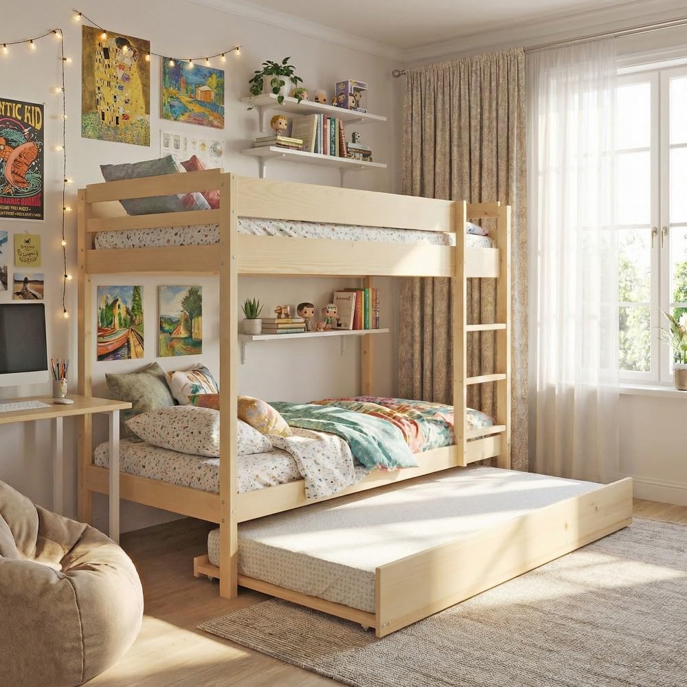 LIT SUPERPOSE WALLY 90x190 + 2 SOMMIERS + 1 LIT TIROIR/ Bois clair