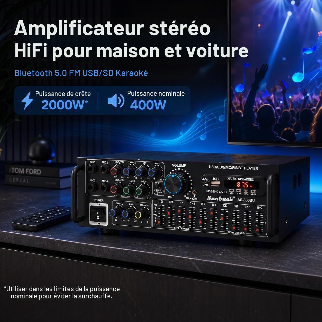 amplificateur hifi stéréo avec Bluetooth 5.0 2000 W récepteur audio karaoké FM USB SD AUX, préamplificateur mélangeur EQ 5 bandes, 4 mir, amplificateur avec boîtes, tuner