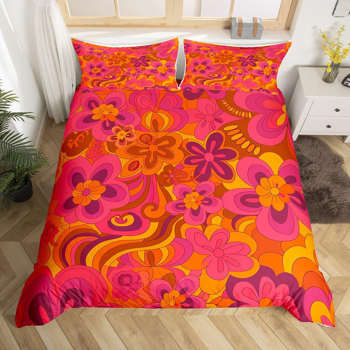Kids Retro Hippie Flowers Bedding Set Vintage Boho Floral Print Comforter Cover Set for Boys Teens Botanical Blossom Duvet Cover 60S 70S Groovy Blossom Bedspread Cover Bedroom Bedclothes Double Size