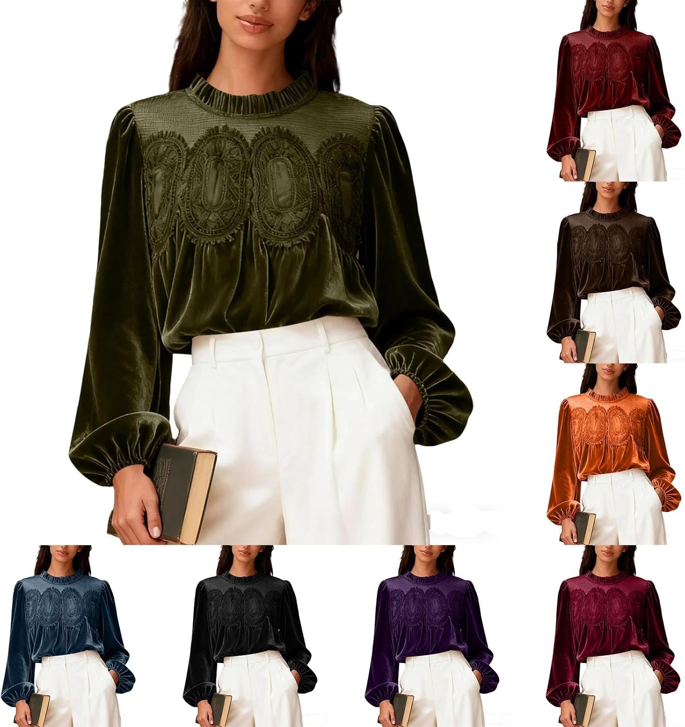 Velvet Shirt Women, Womens Lace Trim Velvet Tops Trendy Dressy Long Sleeve Blouses Elegant Short Flared Swing Shirts Going Out Velour Top Army Green