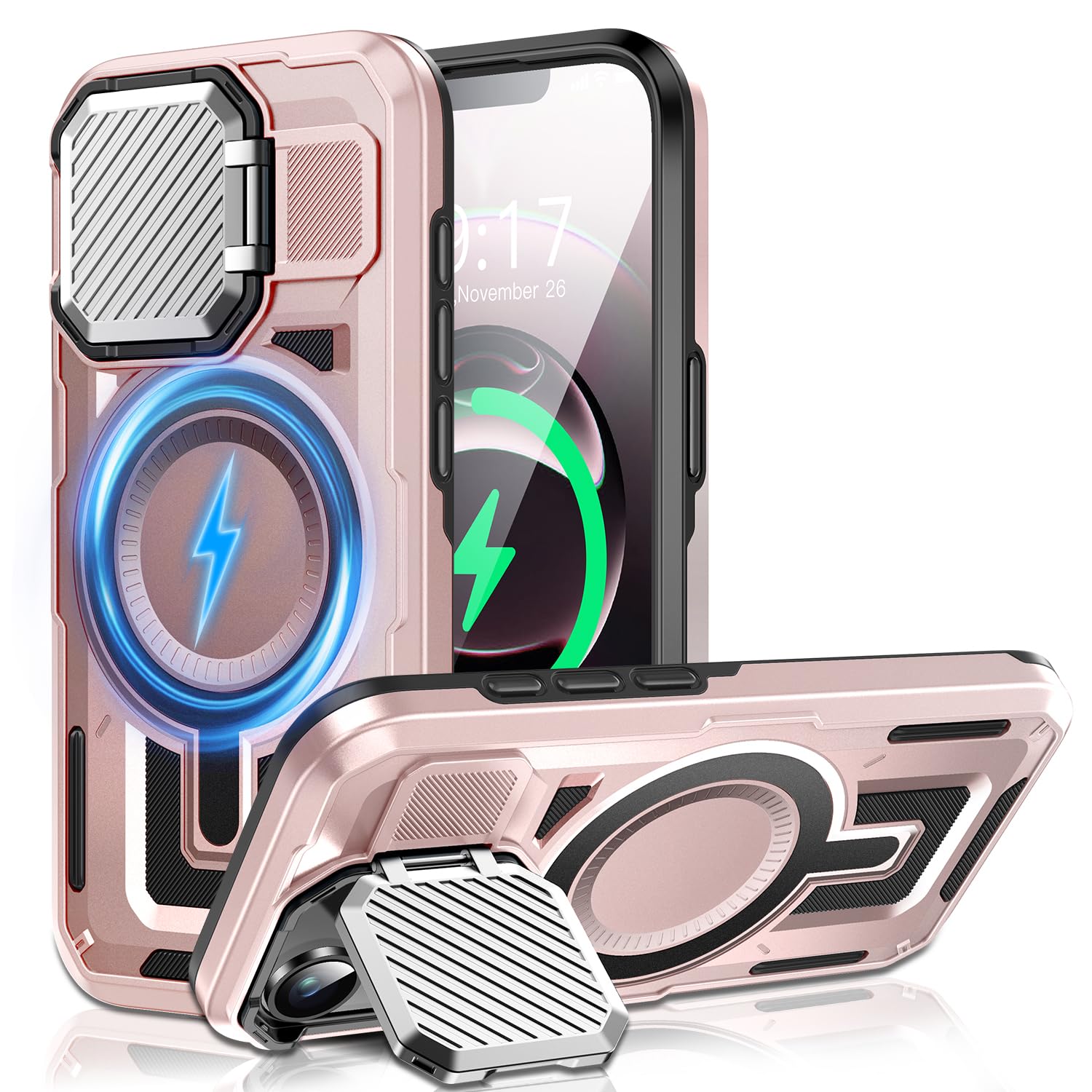 Camera Stand Case for iPhone 16E — [Compatible with MagSafe] [Lens Cover] 2024 Version Military Grade Protective Soft Case for iPhone 16E 6.3 inch Men/Women (Pink)