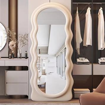 Melodieux Irregular Wavy Mirrors Full Length 160x60cm Arch Free Standing Floor Mirrors for Bedroom Living room Ivory Flannel Wrapped Wooden Frame Decorative Wall Mirror