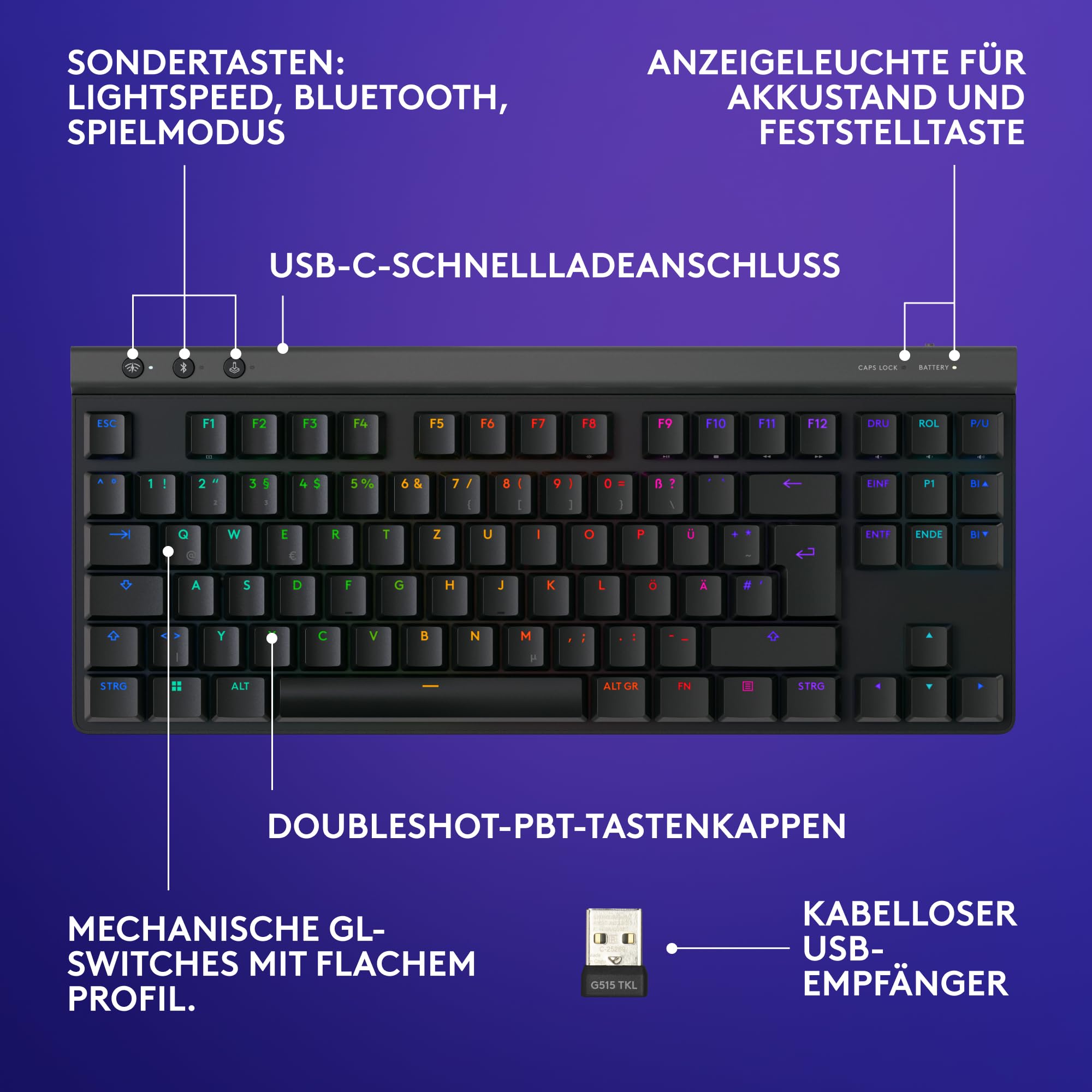 Logitech G G515 Lightspeed TKL kabellose Gaming-Tastatur, LIGHTSYNC RGB, dünnes Profil, PBT-Tastenkappen, taktile Switches, Deutsches QWERTZ-Layout Schwarz