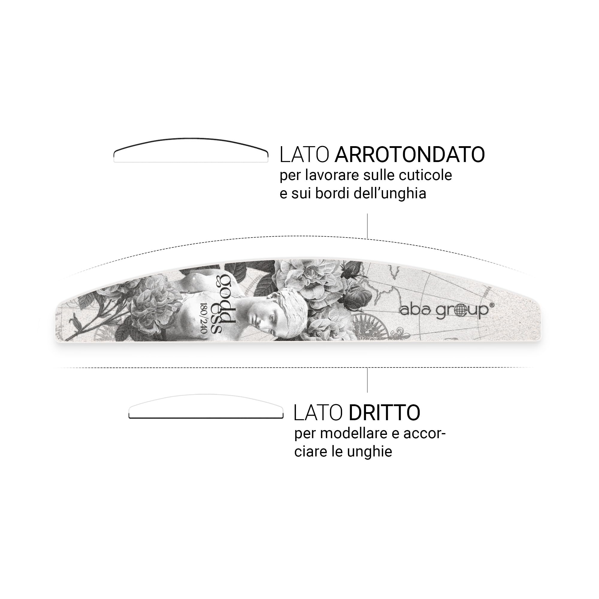ABA GROUP Goddess - Lima per unghie 180/240-500 pezzi – Mezzaluna 4 mm di spessore – Strumenti professionali per unghie in gel e naturale, lime per unghie in gel, frecce su due lati, set per nail art