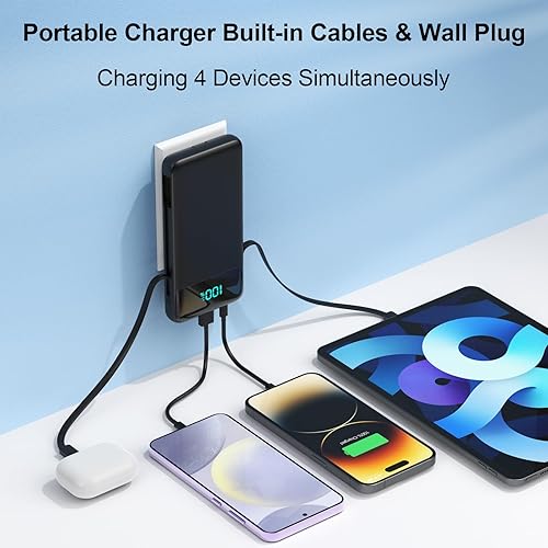 Miniatura 4 de Cargador portátil para iPhone, banco de energía delgado de 13800 mAh con cables integrados y enchufe de pared de CA, todo en uno, 4 salidas USB C,