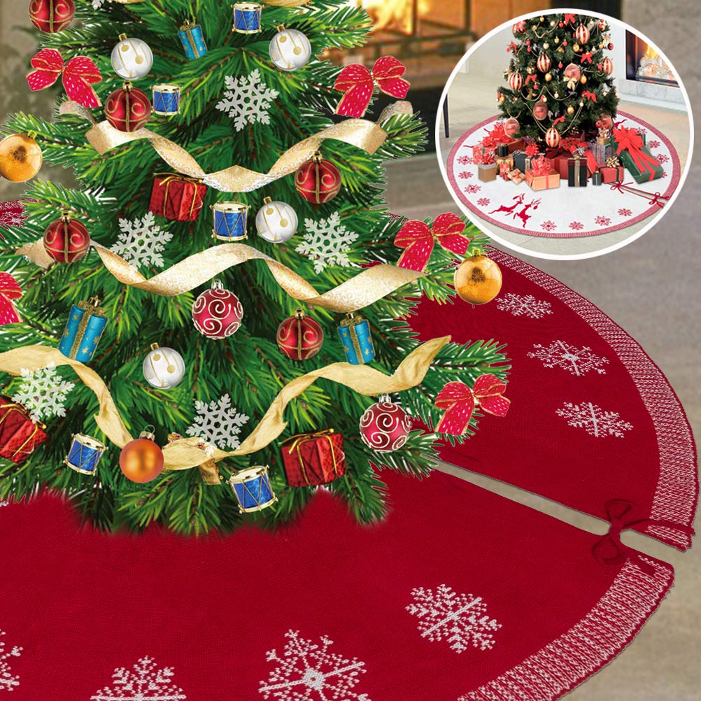OUTCREATOR Double-Sided Red White Christmas Tree Skirts,Elk and Snowflake Print,Knitted Fabric,Floor Mat Cover Carpet for Christmas New Year Party Decoration