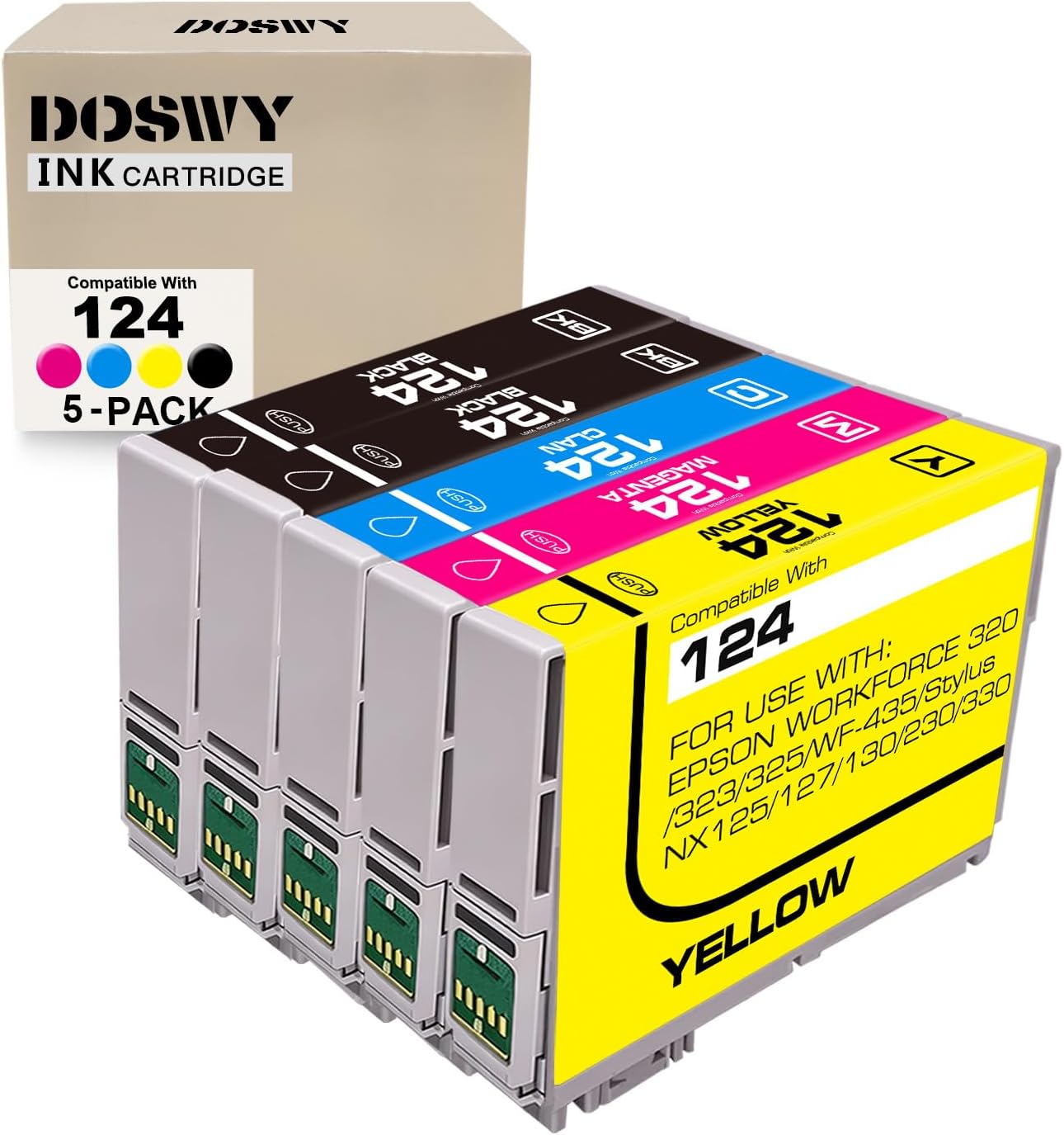 5 Packs T124 Remanufactured Ink Cartridge Replacement for Epson 124 use for Epson Stylus NX125 NX127 NX130 NX230 NX330 NX420 NX430 Workforce 320 323 325 435 (2 Black 1 Cyan 1 Magenta 1 Yellow)