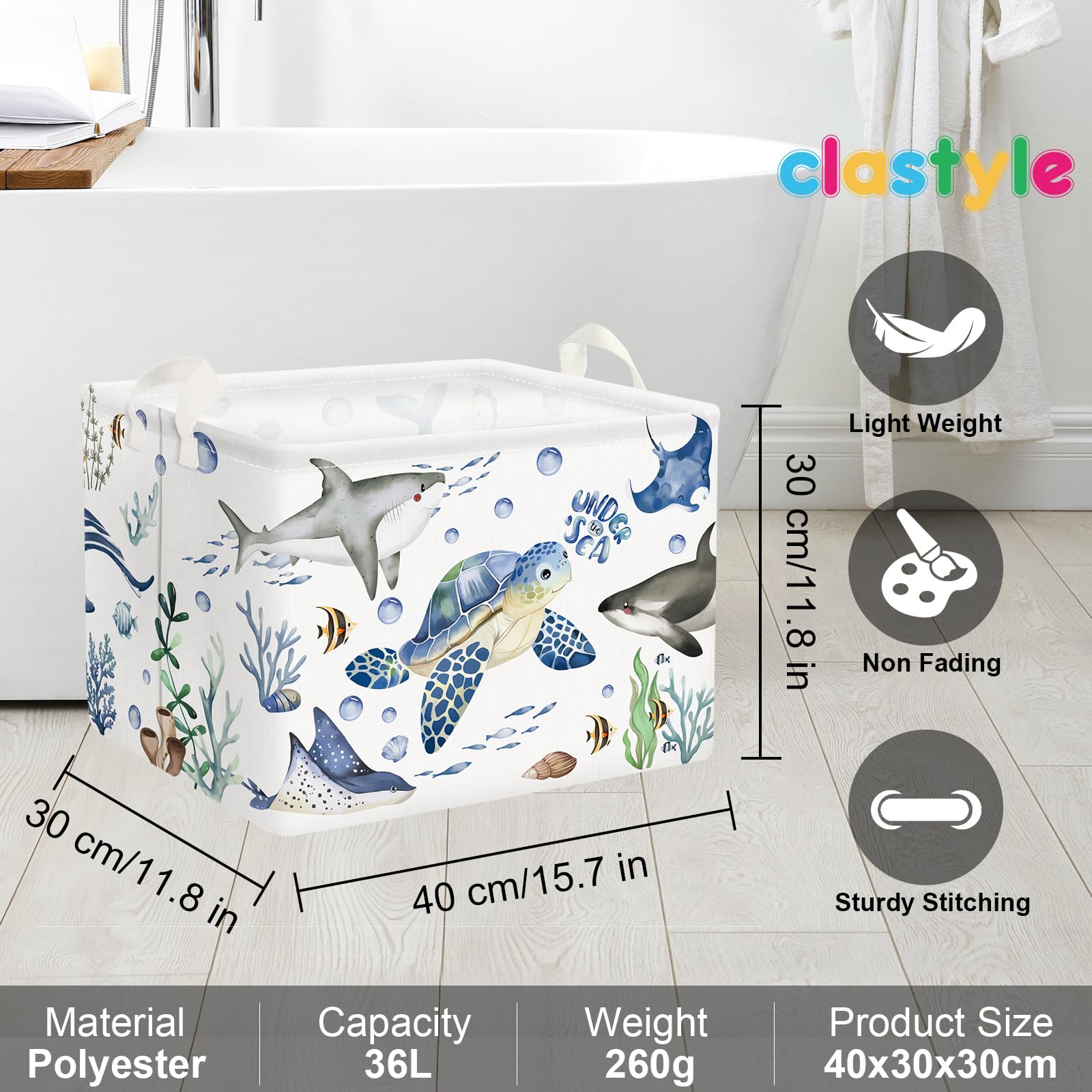 Cestino Portaoggetti A Forma Di Squalo - 40x30x30 Cm Per Camera Bambini, Blu Con Animali Marini - Foto 7