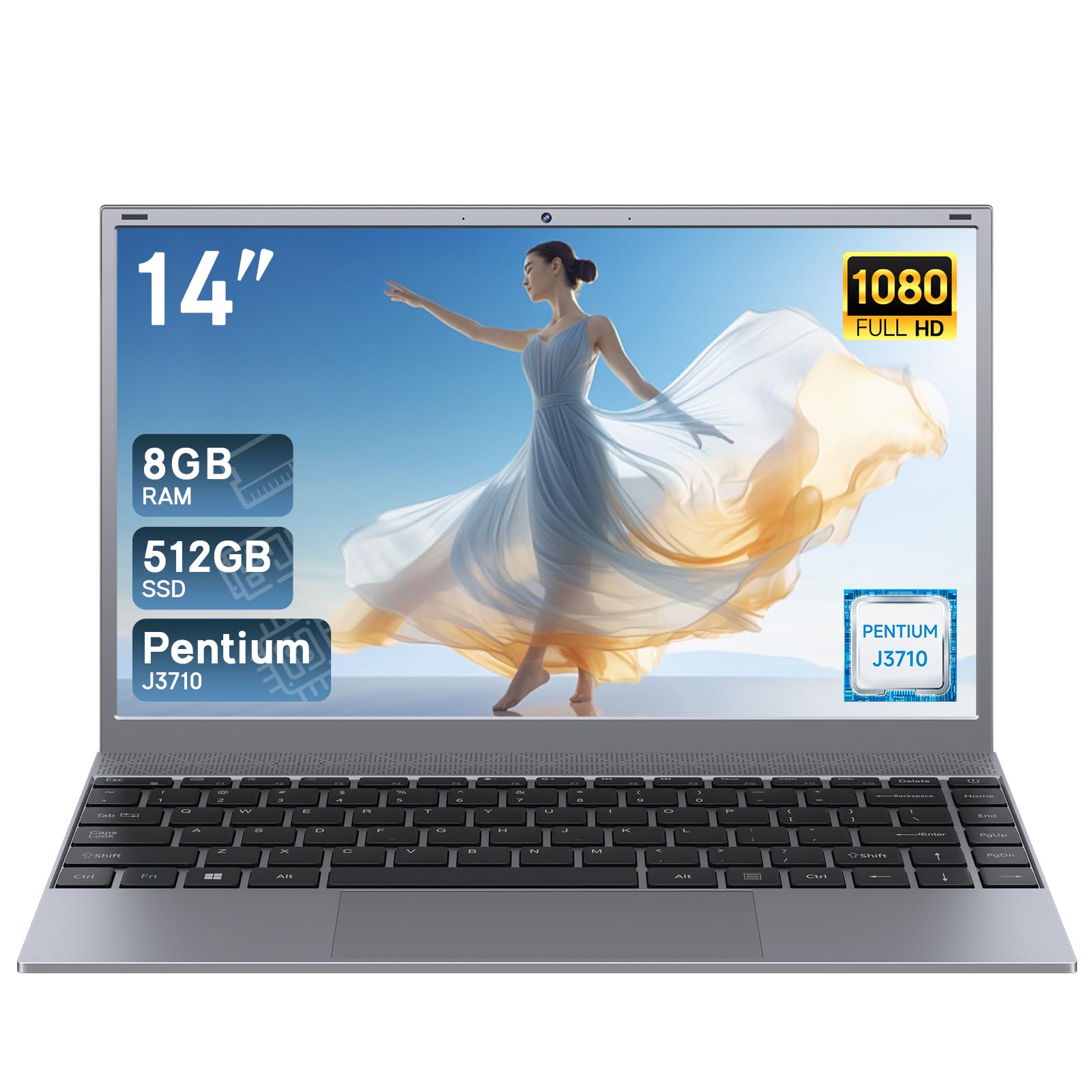 EVOBUC Laptop Computer, J3710 Processor,Up to 2.64GHz, 8GB RAM 512GB SSD, 14 Inch FHD IPS Display, Reliable Laptop with Type C, USB 3.2, Mini HDMI, TF Card Slot, Laptops for Business & Students